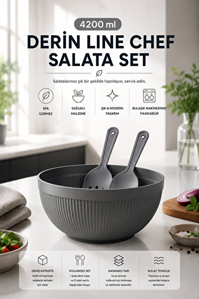 Derin Line Chef Salata Seti Servis Kaşıklı Büyük Salata Kasesi Yeşil