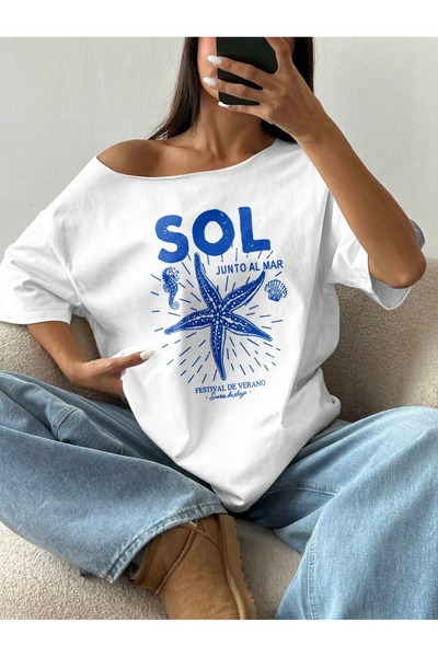 OVER HEAD Tricou de damă Sol Junto cu imprimeu, cu gât barcă și umeri goi, 10...