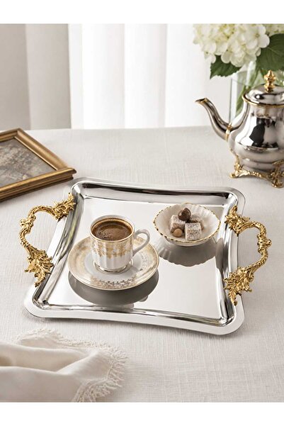 Asi GOLD KULPLU GÜMÜŞ RENK DEKORETİF SUNUM TEPSİSİ