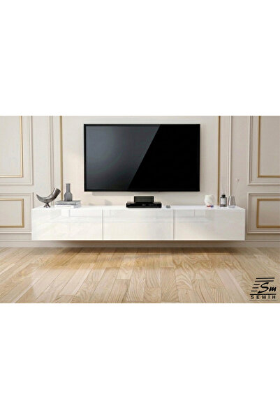 SEMİH MOBİLYA 200 Cm Parlak Beyaz TV Ünitesi | Duvara Monte Şık Salon Tasarımı