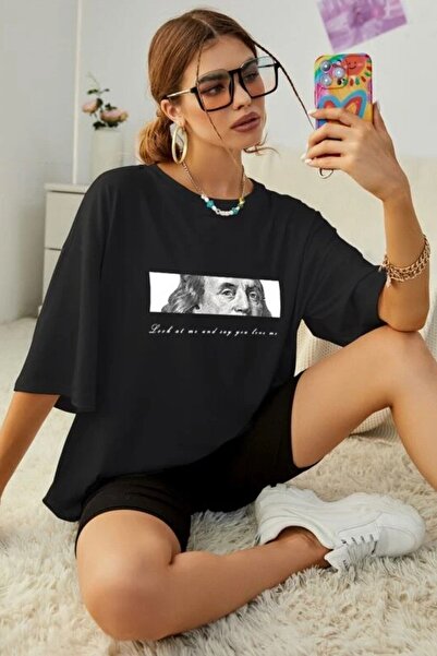 JENOLAN Ženska crna majica sa printom "Look At Me" u oversize stilu