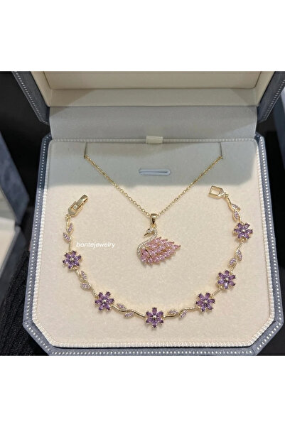 STAİNLES Pembe Kuğu Kolye ve Lale Tulip Zirkon Bileklik Set