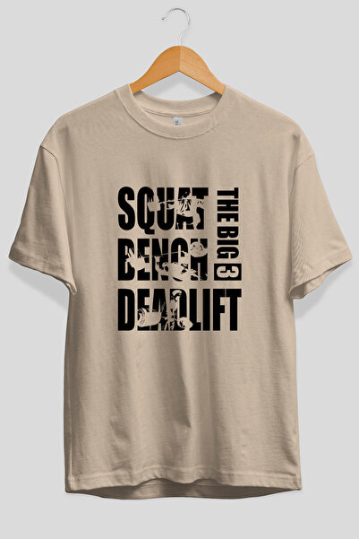 Ankhises Tricou bej cu imprimeu frontal supradimensionat Squat Bench Deadlift...