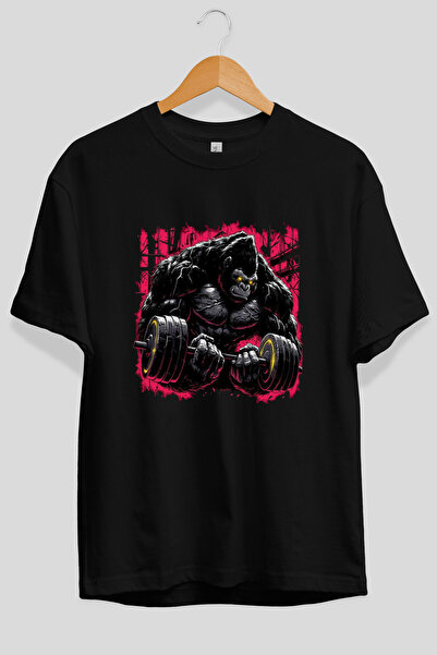 Ankhises Tricou negru cu imprimeu frontal Gym Goril, supradimensionat, 100% b...