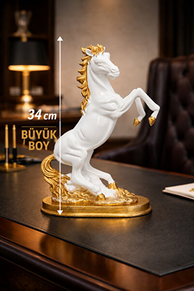Home Şaha Kalkmış At Biblosu 34 cm Büyük Boy Beyaz Gold Dekoratif Heykel
