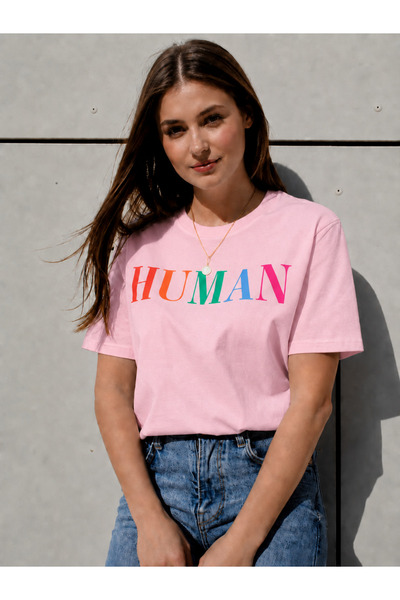 VODEXA تي شيرت نسائي كبير الحجم مطبوع عليه HUMAN مصنوع من القطن بنسبة 100%، م...
