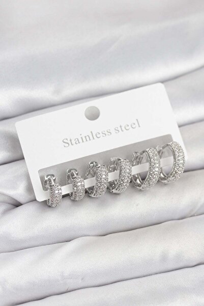 Inure Jewelry 316L Steel Silver Color Zircon Stone Hoop Earrings Set
