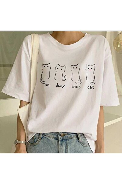 JENOLAN Μπλουζάκι 4-Piece Kitten με στάμπα λευκό Oversize Casual Boyfriend