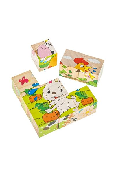 OEM Cuburi puzzle din lemn Animale de fermă (9 piese) 10,3 x 10,3 x 3,5 cm