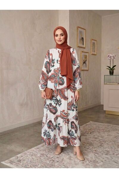 ECEYLÜL MODA فستان نسائي فضفاض من القطن المودال بنقشة أوراق الشجر - فستان كاج...