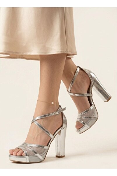 Gönbeler Women's Silver Color Cross Ankle Strap Platform Thick Heeled Evening...