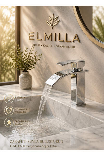 elmilla Krom Kare Lavabo Bataryası - Şelale Akışlı Modern Banyo Musluğu Sabit...