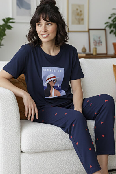 Siyah İnci lacivert desenli Pamuklu Bisiklet Yaka Örme Pijama Takım