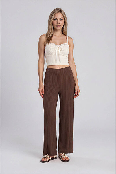 Vitrin Wide Leg Elastic Waist Striped Trousers