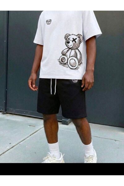 EFFRENATU Teddy Bear Men's T-Shirt Shorts Set - White Black Minimalist