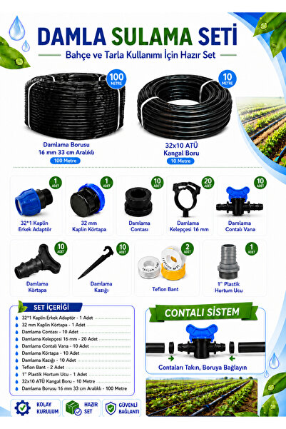 POELSAN Damla Sulama Seti Contalı Vana Sistemli 32x10 ATÜ Kangal Boru 10 Metr...