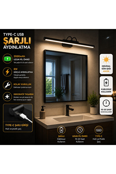 neeko Flüt Aplik / 50CM / Şarjlı LED Aplik / Type-C USB Kablosuz Duvar Lambas...