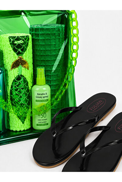 Fulian Women's Black Flip-Flops & Transparent Beach Bag Set – Summer Sea Pool...