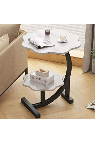 DEMAHO Măsuță de cafea laterală cu 2 niveluri, design floare, stil nordic minimalist, alb, 40×30×62 cm