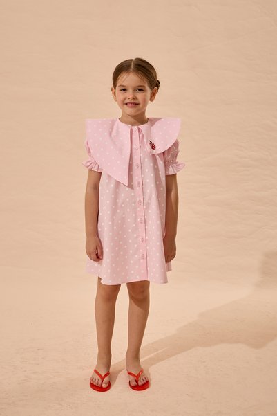 Fahhar Kids Polka Dot Asymmetrical Apple Embroidered Dress Pink