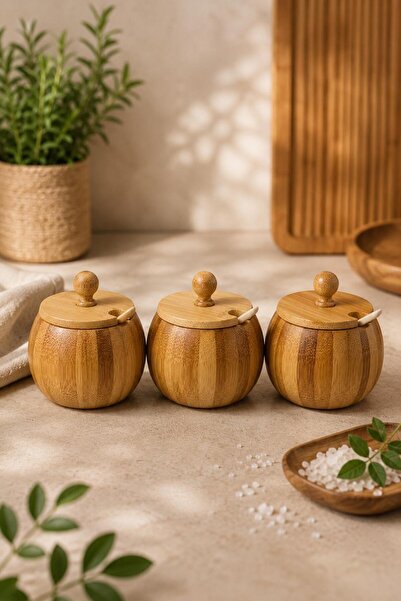 İLİVA Bamboo Spice Container Set of 3 with Lid and Spoon, Salt and Sugar Cont...