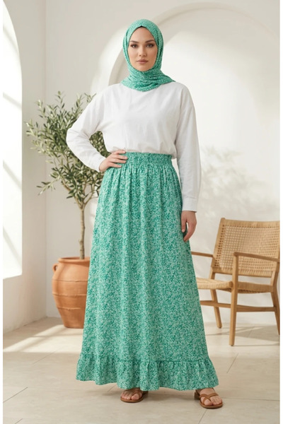 sefamerve Elastic Waist Floral Patterned Skirt 0308-03 Green