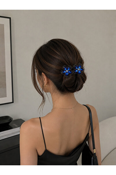 Kelira Trendy Easy-To-Use Bun Clip with Blue Flower Design