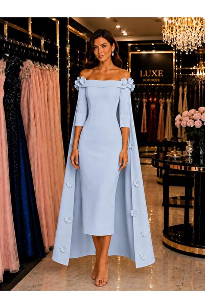 Hot Contact Floral Appliqué Cape Detailed Midi Evening Dress 5320