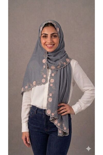 Veil Designer Boho Wreath طرحه رمادي بتطريز وررد قماش بوال ياباني طبقتين يابا...