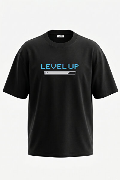 Anetos Tricou oversize negru din bumbac cu imprimeu pe spate Level Up Design