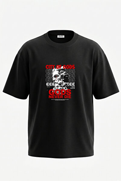 Anetos Tricou oversize negru din bumbac cu imprimeu pe spate Zeus Bust Design