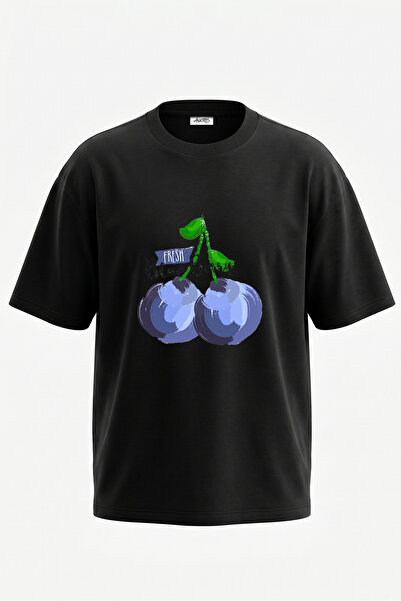 Anetos Tricou oversize negru din bumbac cu imprimeu pe spate Blue Berry Design