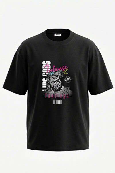 Anetos Zeus Vaporwave Design Back Printed Cotton Black Oversize T-Shirt