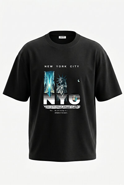 Anetos New York City_2 Tricou oversize negru din bumbac cu imprimeu pe spate