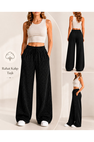 De Carte Women's Star Stone Wide Leg High Waist Loose Cut Pocketed Trousers S...