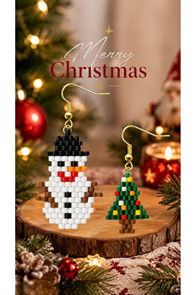 SEARD Miyuki Beads Handmade Tiny Pine Tree and Snowman Earrings New Year Chri...