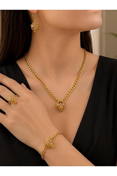 ALVEZAHB Alveza Premium Gold Filled Geometrik Tasarım Takı Seti Kolye Bilekli...