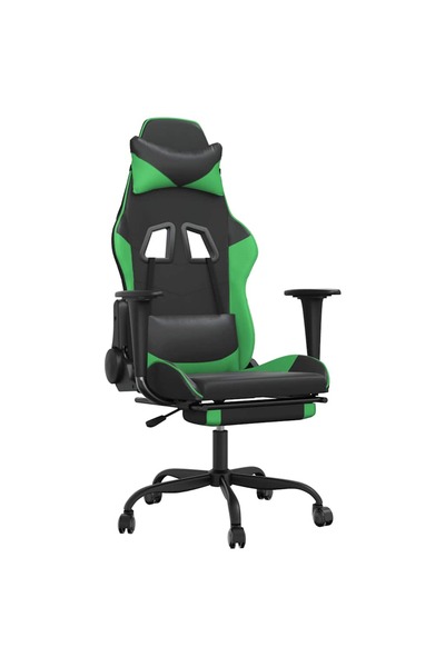 vidaxl Scaun gaming de masaj/suport picioare, negru/verde, piele