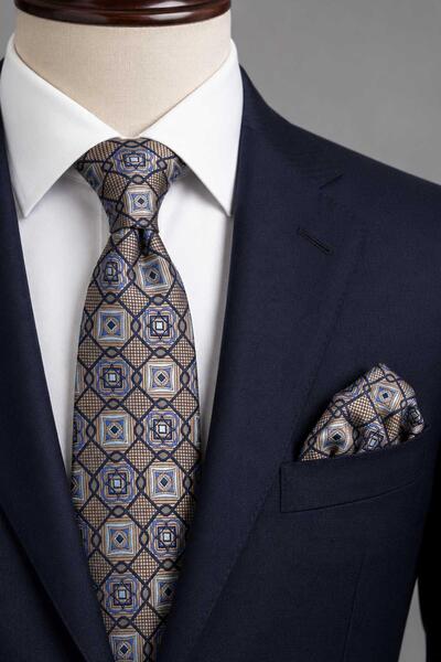 Kravatkolik Beige Motif Pattern Classic Tie with Handkerchief Kk13771