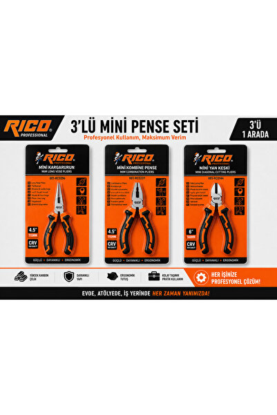 Rico 3'lü Profesyonel Mini Pense Seti Profesyonel Mini Kargaburun Mini Yankes...