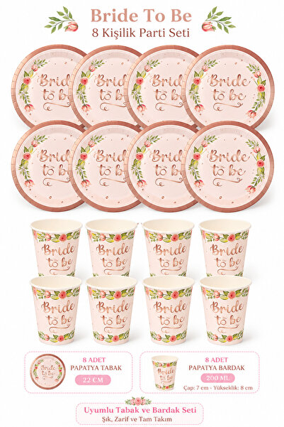 Happyland Bride To Be Yazılı Rosegold Çiçekli Karton Tabak Bardak Seti 8’li, ...