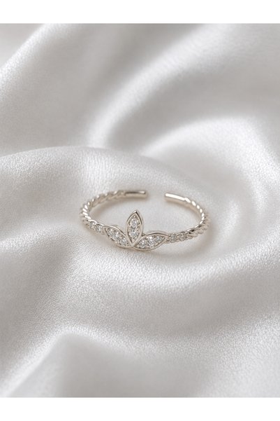 JEWELERY Zircon Stone Lotus Leaf Patterned Adjustable Silver Color Face