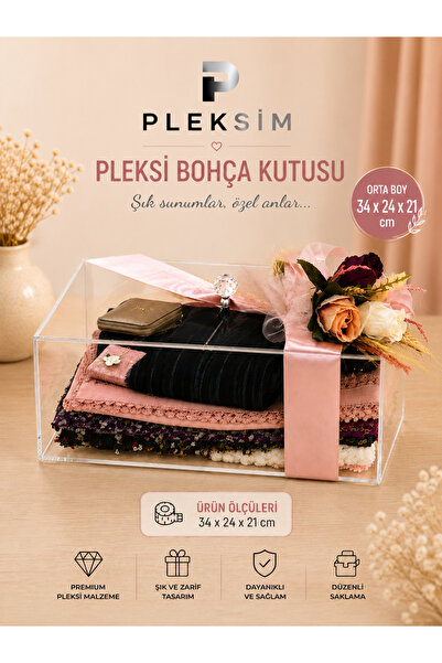ulusoypleksi Orta Boy Pleksi Bohça Kutusu 34X24X21 Cm Şeffaf Çeyiz Ve Nişan K...