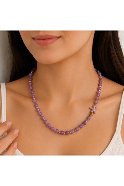 BEAD BERRY Lila Doğal Taş Kadın Kolye - Gold Boncuklu Deniz Yıldızı Detaylı Y...