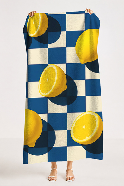 Evimde Bambaşka Lemon Checkered Blue and White Beach Towel - Mediterranean Mo...
