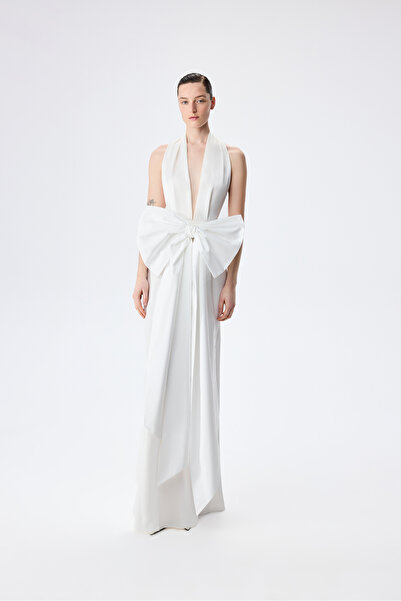 ILA THE BRAND Danielle-V-Neck Satin Maxi Dress With Bow Belt Detail