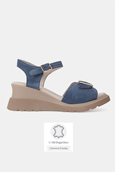 TUNAELLİ Women's Blue Suede Genuine Leather Strap Buckle Straped Wedge Heel D...