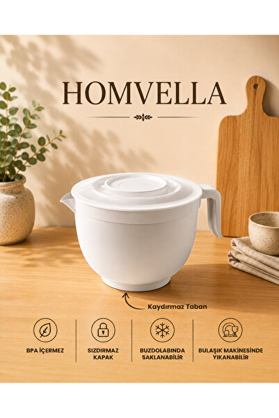 HOMVELLA 3 Litre Kapaklı Mikser Kabı – Kaydırmaz Tabanlı, Çıkarılabilir Kapak...