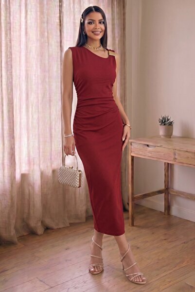 ALFUDO Moda Collection Drapeli Buckle Detailed Midi Graduation Evening Dress