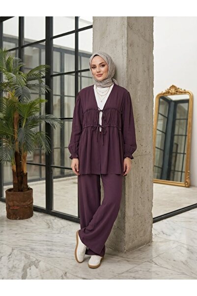 Naknaku Drawstring Tied Pants Suit - Burgundy
